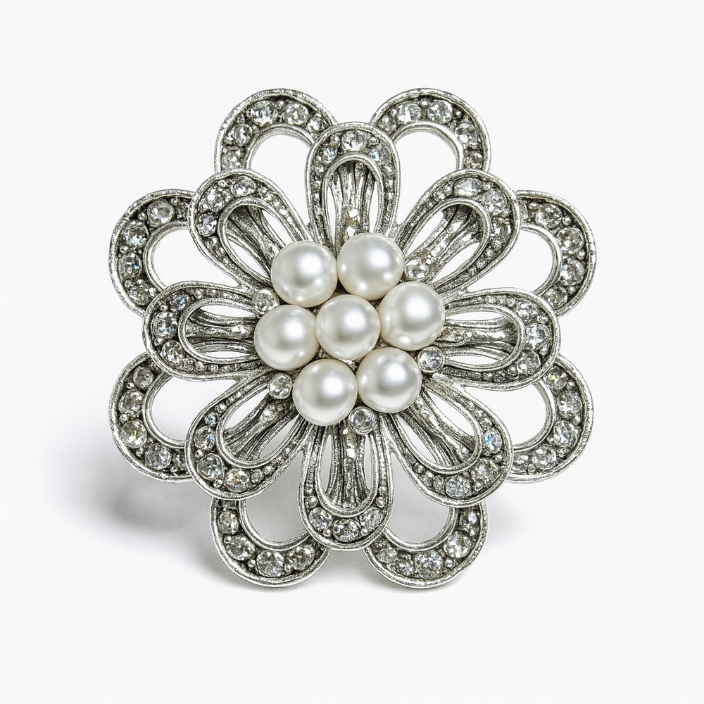 Elegant Silver and Pearl Flower Brooch